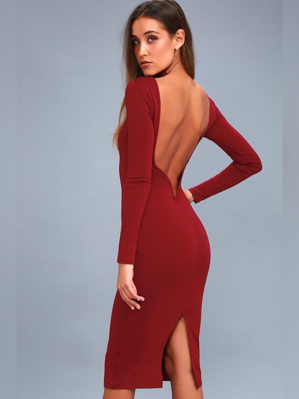 Lulus Va Va Voom Wine Red Backless Midi Dress Bodycon Size 2 EUC
